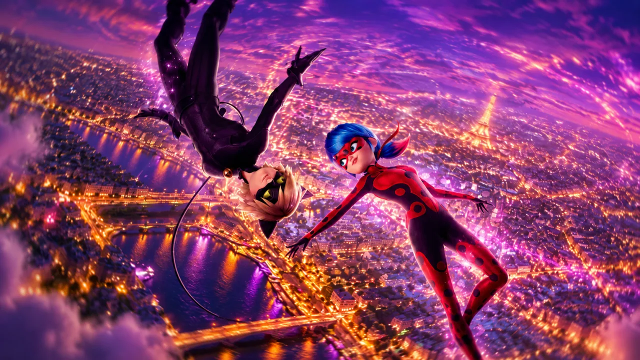 Ladybug and Cat Noir above Paris at sunset